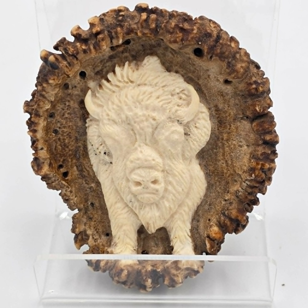 Bison Buffalo Hand Carved Antler Burr Wildlife Sculpture Custom Design Signed